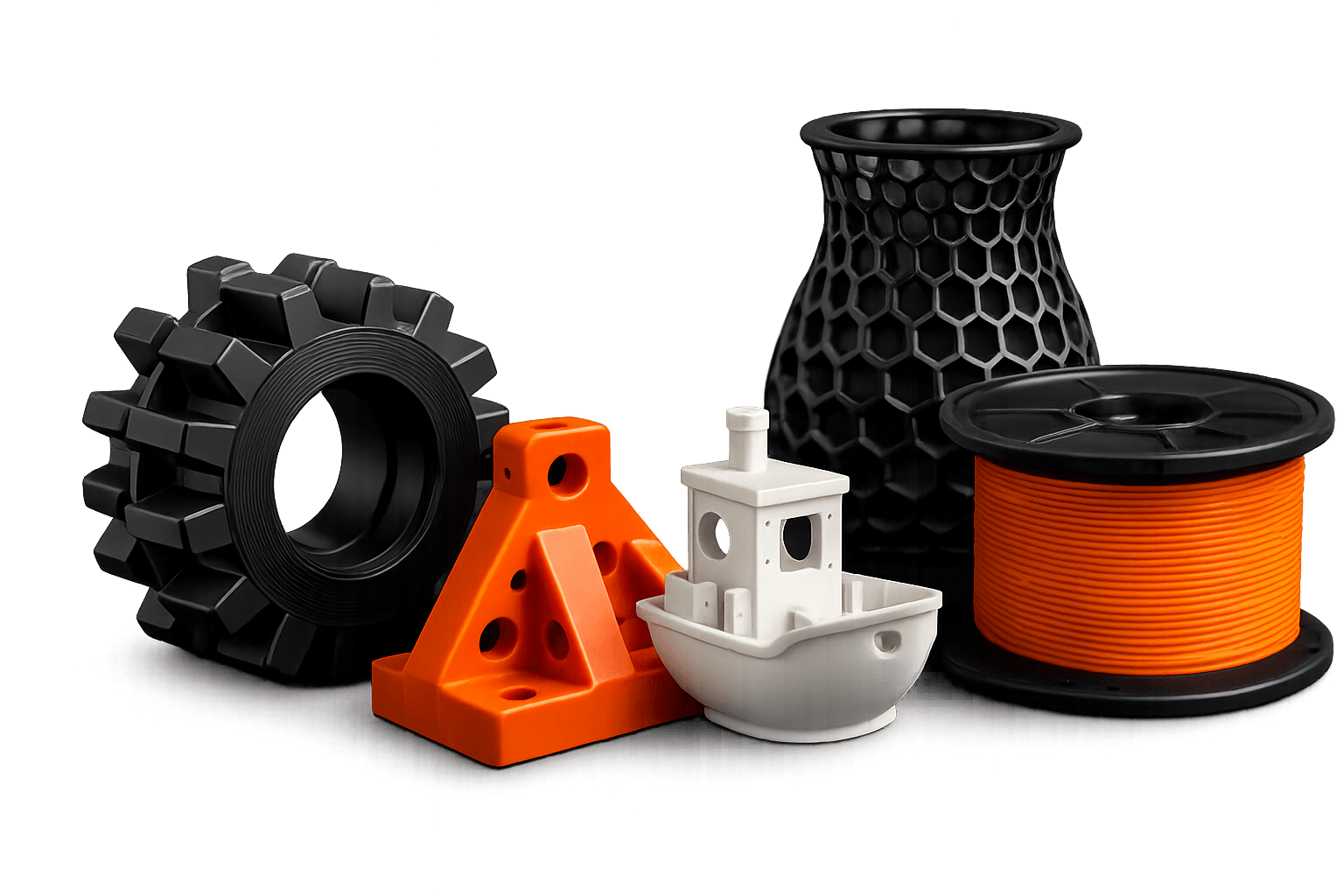 Collection of 3D printed parts including a gear, vase, benchy, bracket, and filament spool. Mechanical Part Image