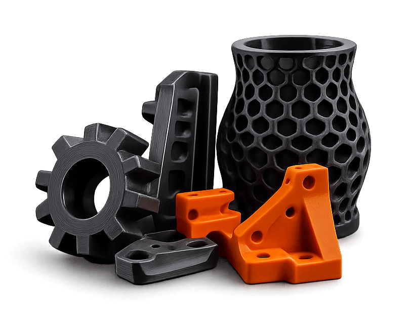 Collection of custom 3D printed parts and prototypes showcasing 3D Print LV's on-demand 3D printing services.