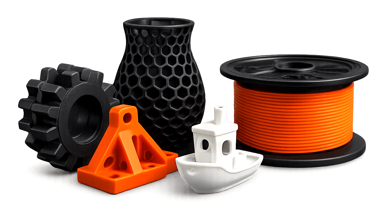 Examples of custom 3D printed parts and filament used by 3D Print LV for on-demand 3D printing services.