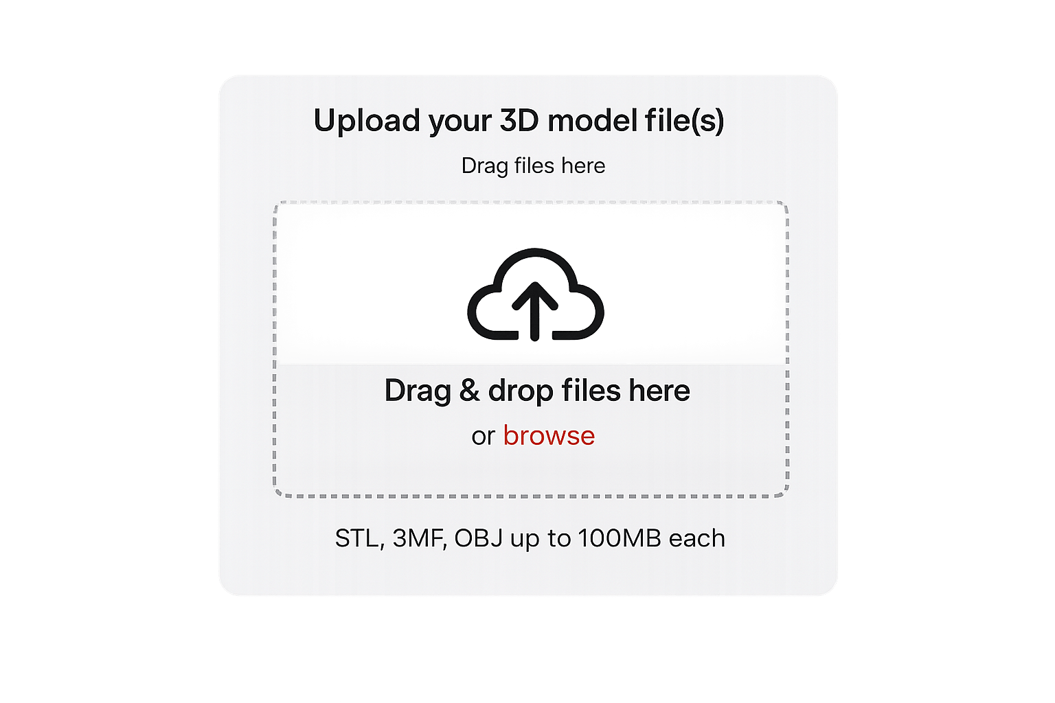 3D model file upload interface for submitting STL, 3MF, and OBJ files for printing. CAD Model Review Image