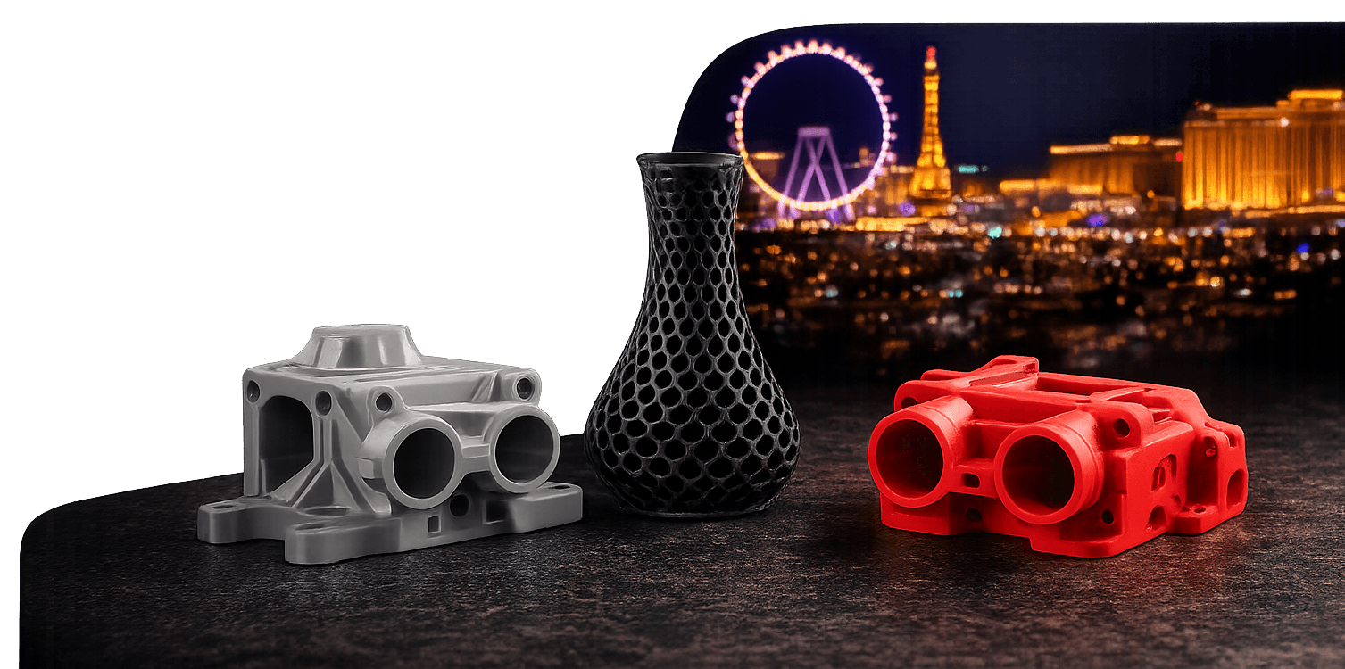 Custom 3D printed parts and prototype models with the Las Vegas skyline in the background representing 3D Print LV's local 3D printing services.
