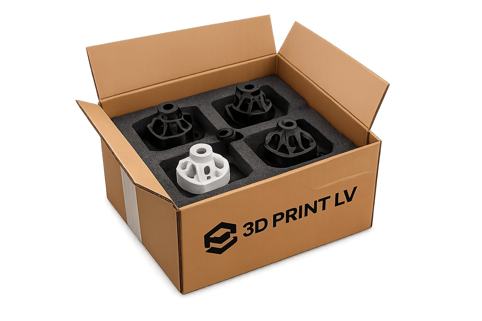 Custom 3D printed parts securely packaged for safe nationwide shipping. Hero Objects Image