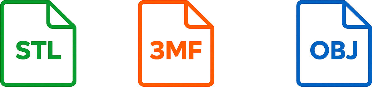 Supported 3D printing file formats including STL, 3MF, and OBJ for custom 3D print uploads.
