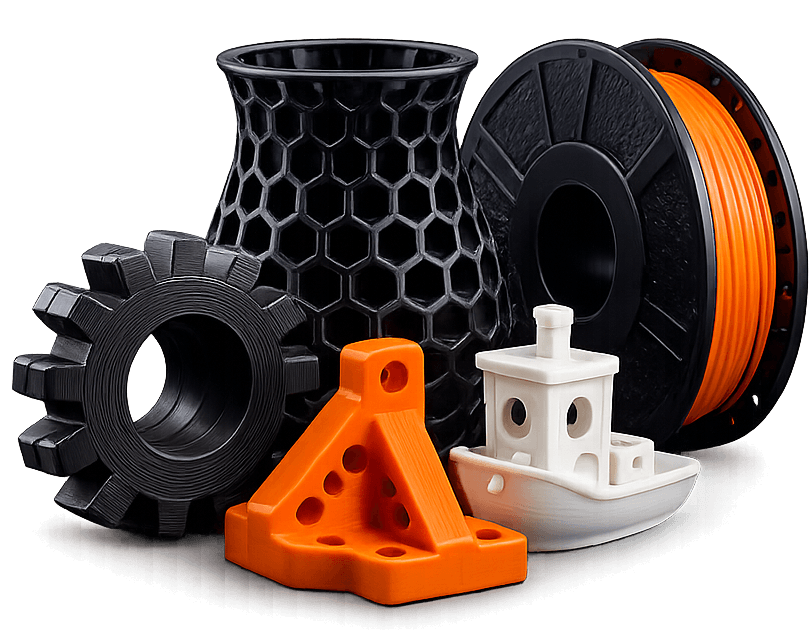 Custom 3D printed parts and prototypes displayed for professional 3D printing services