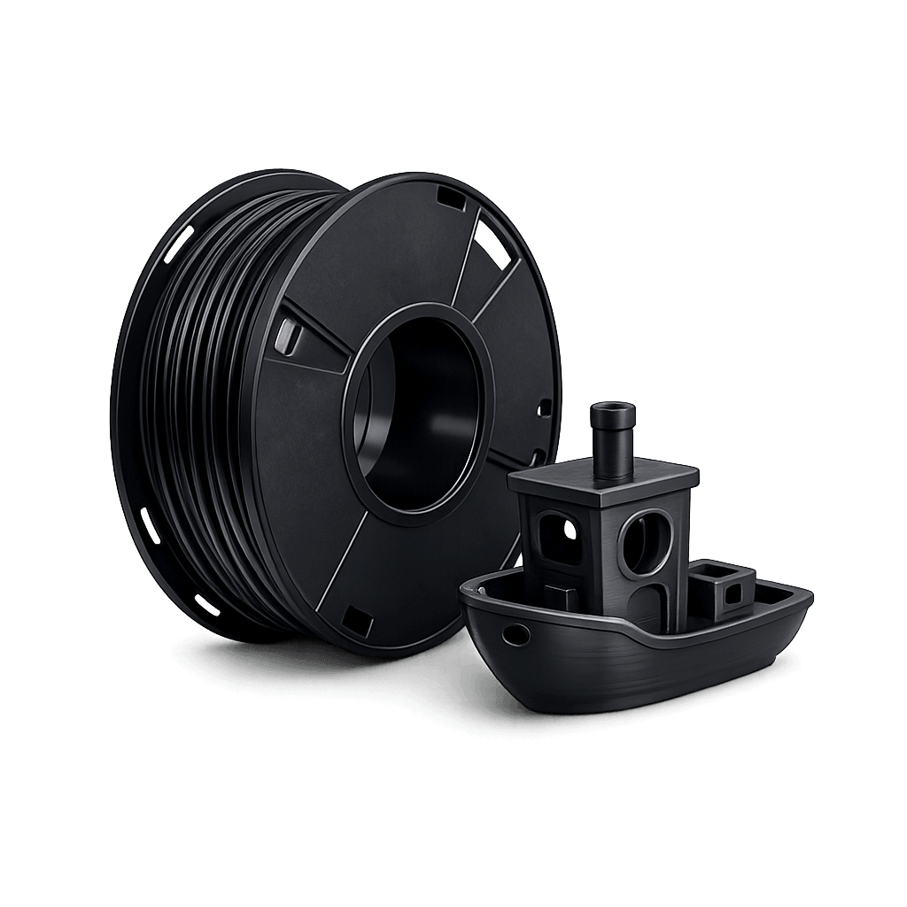 ABS 3D printing filament spool with Benchy test print for durable and heat-resistant parts.