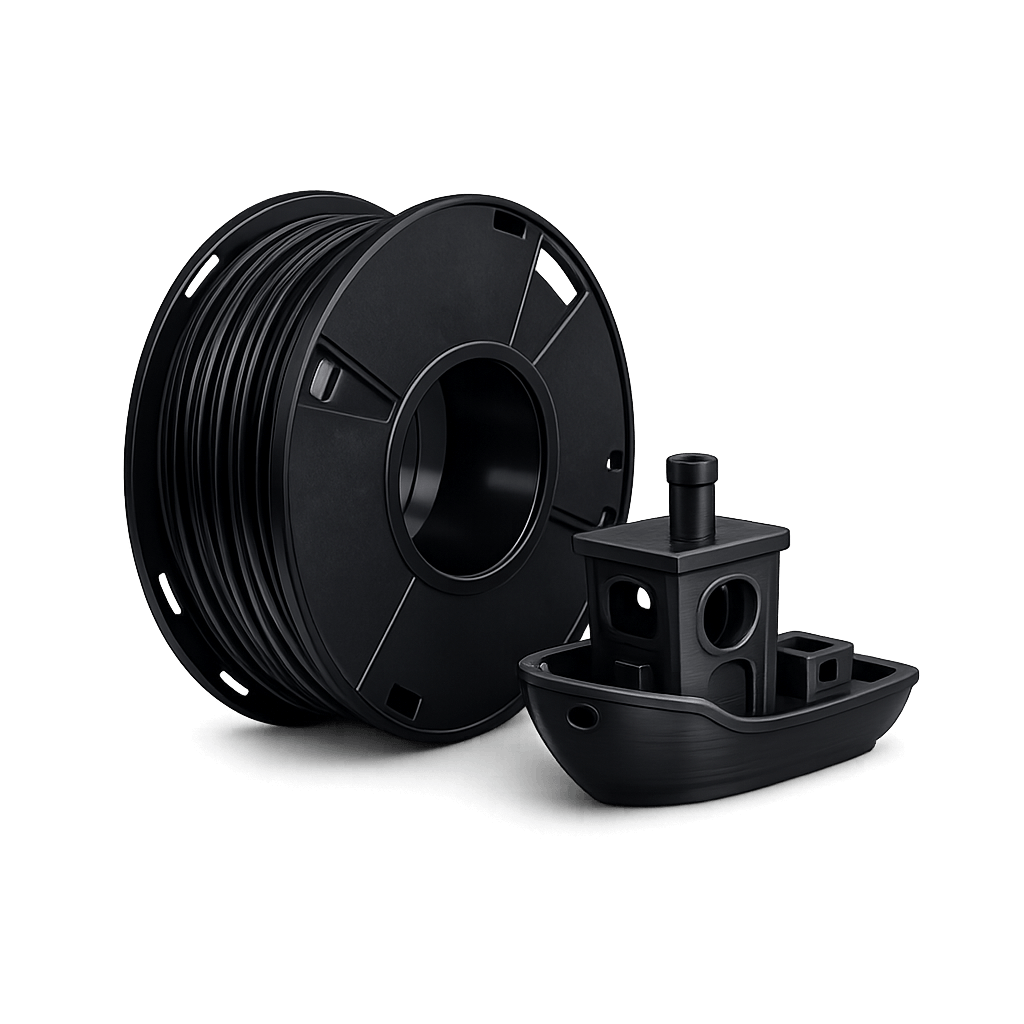 ABS 3D printing filament spool with Benchy test print for durable and heat-resistant parts.