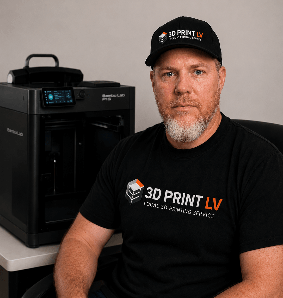 Brian Dunne, owner of 3D Print LV, pictured with a Bambu Lab P1S 3D printer in Las Vegas.