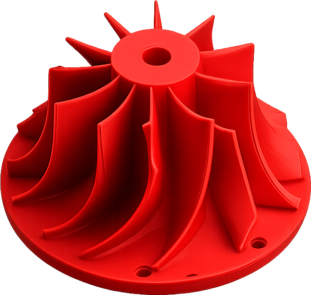 Red custom 3D printed impeller demonstrating precision manufacturing and functional part production.