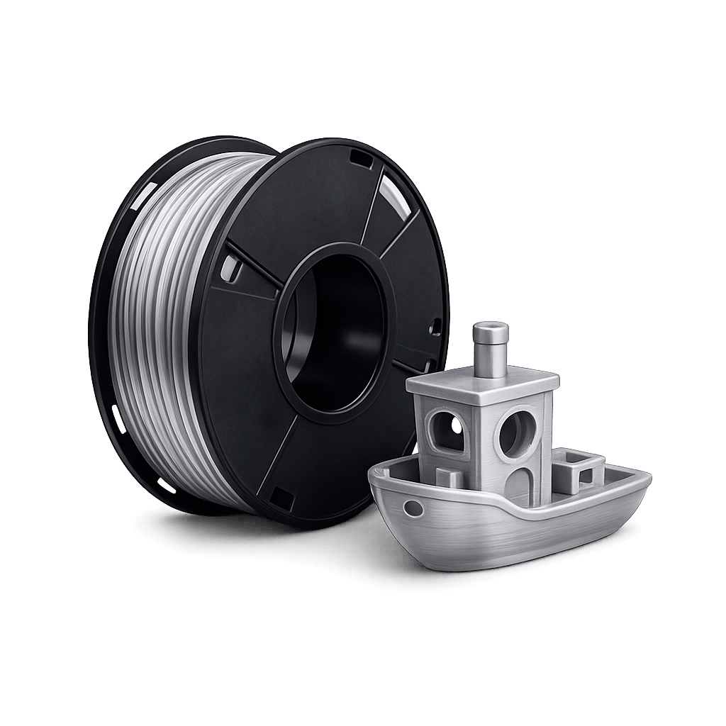 PETG 3D printing filament spool with Benchy test print demonstrating strength and durability.