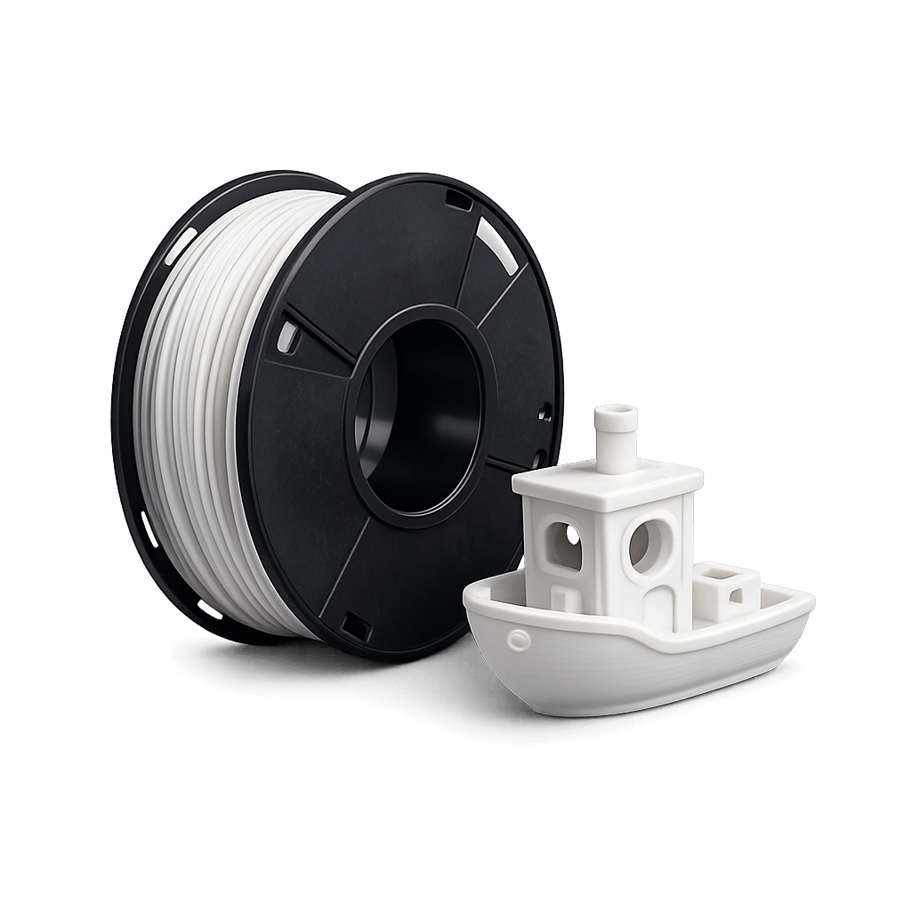 PLA 3D printing filament spool with Benchy test print showing excellent detail and surface quality.
