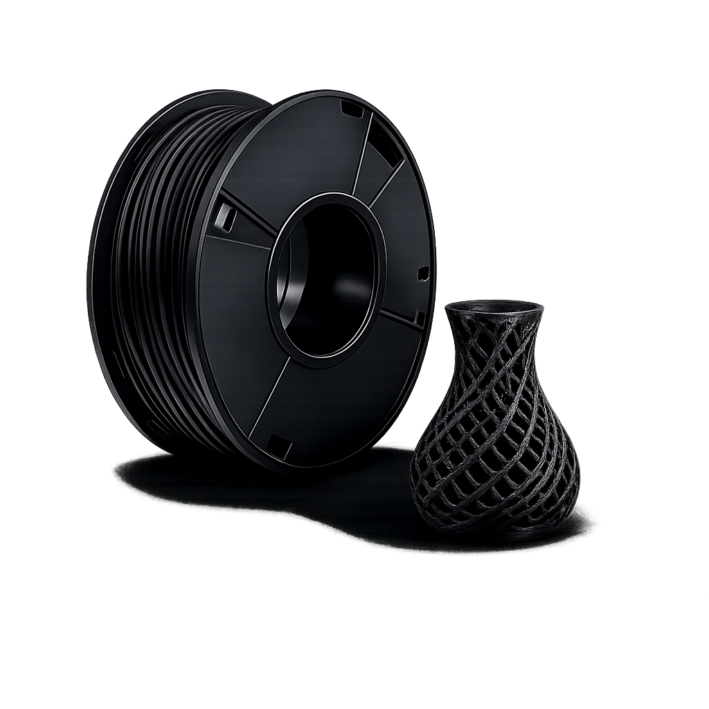 TPU flexible 3D printing filament spool with Benchy test print showing flexibility and impact resistance.
