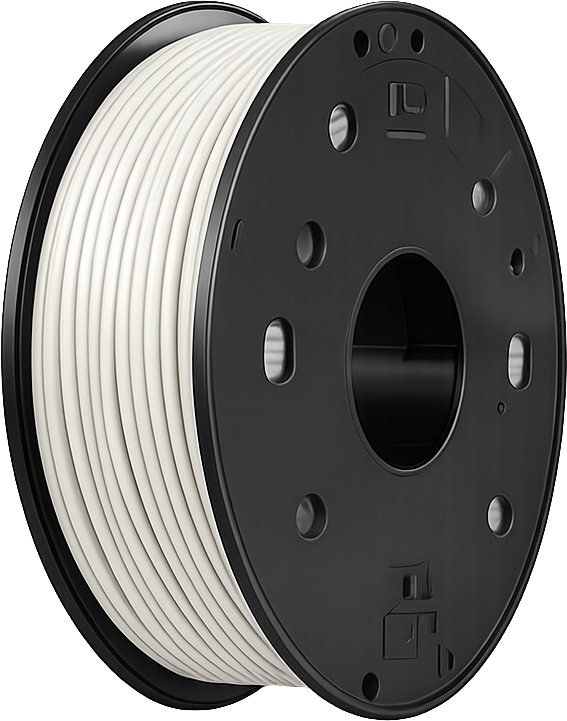 White 3D printer filament spool used for producing prototypes, custom parts, and functional prints.